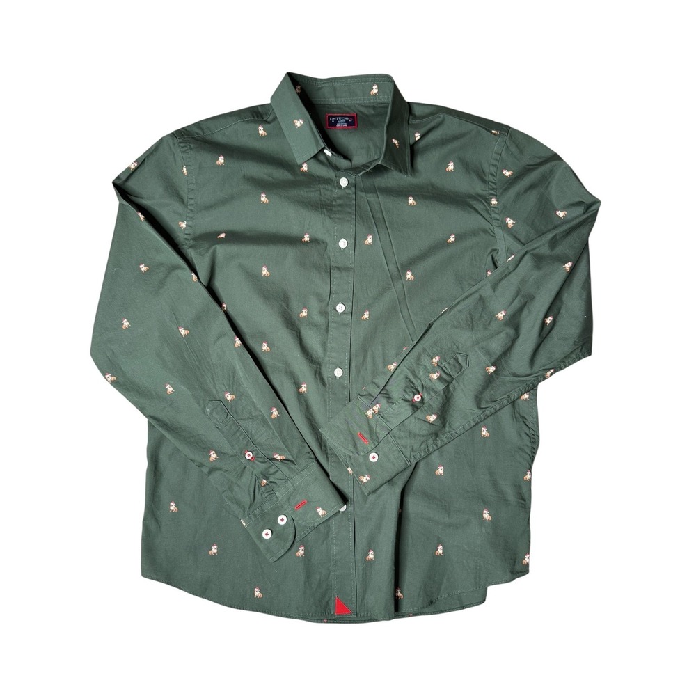 UNTUCKit Novelty Bulldog Print Button Down Shirt Long Sleeve Olive Green Large